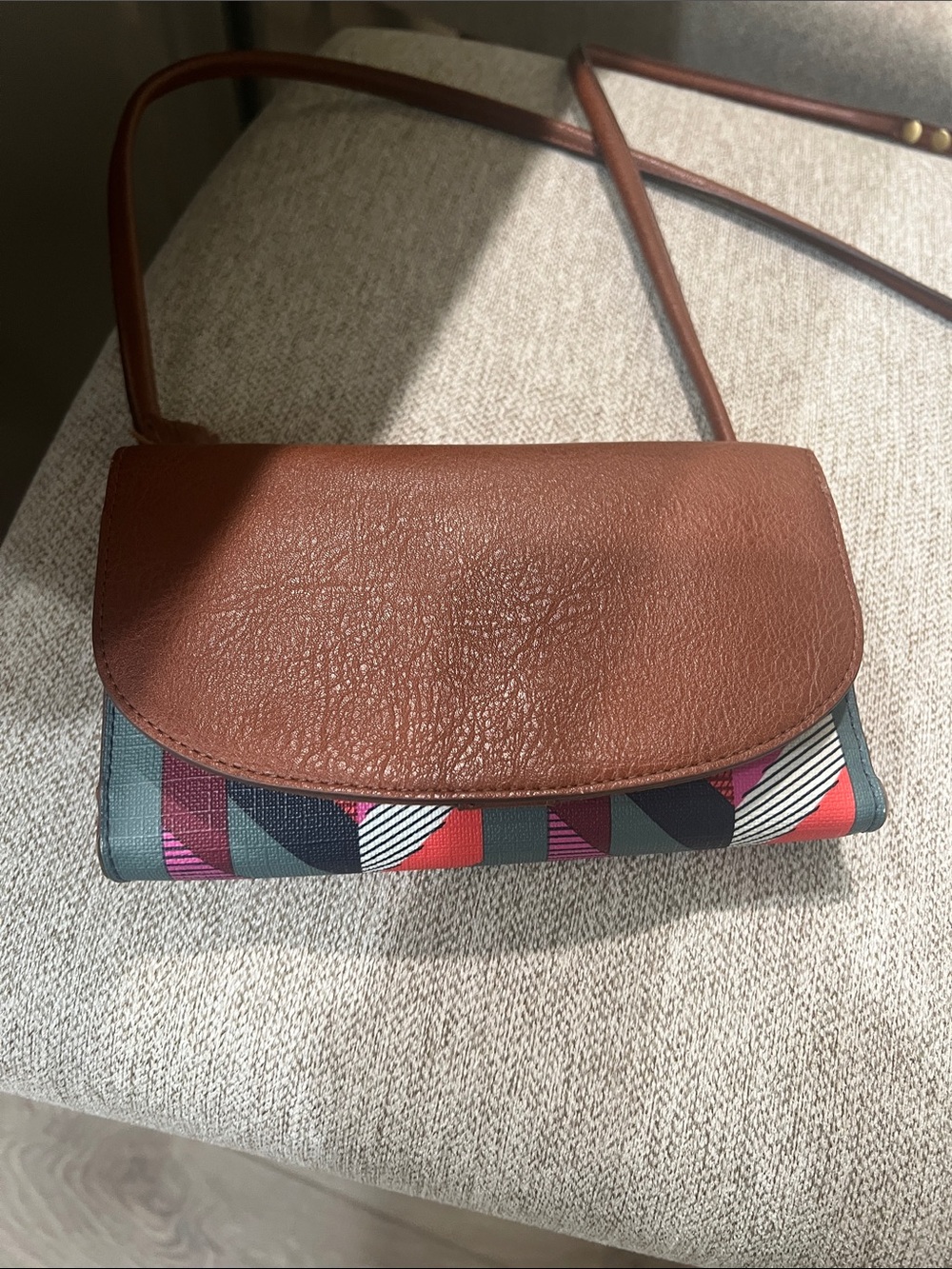 Fossil Brown Leather-Trim Crossbody with Colorblock Geometric Print